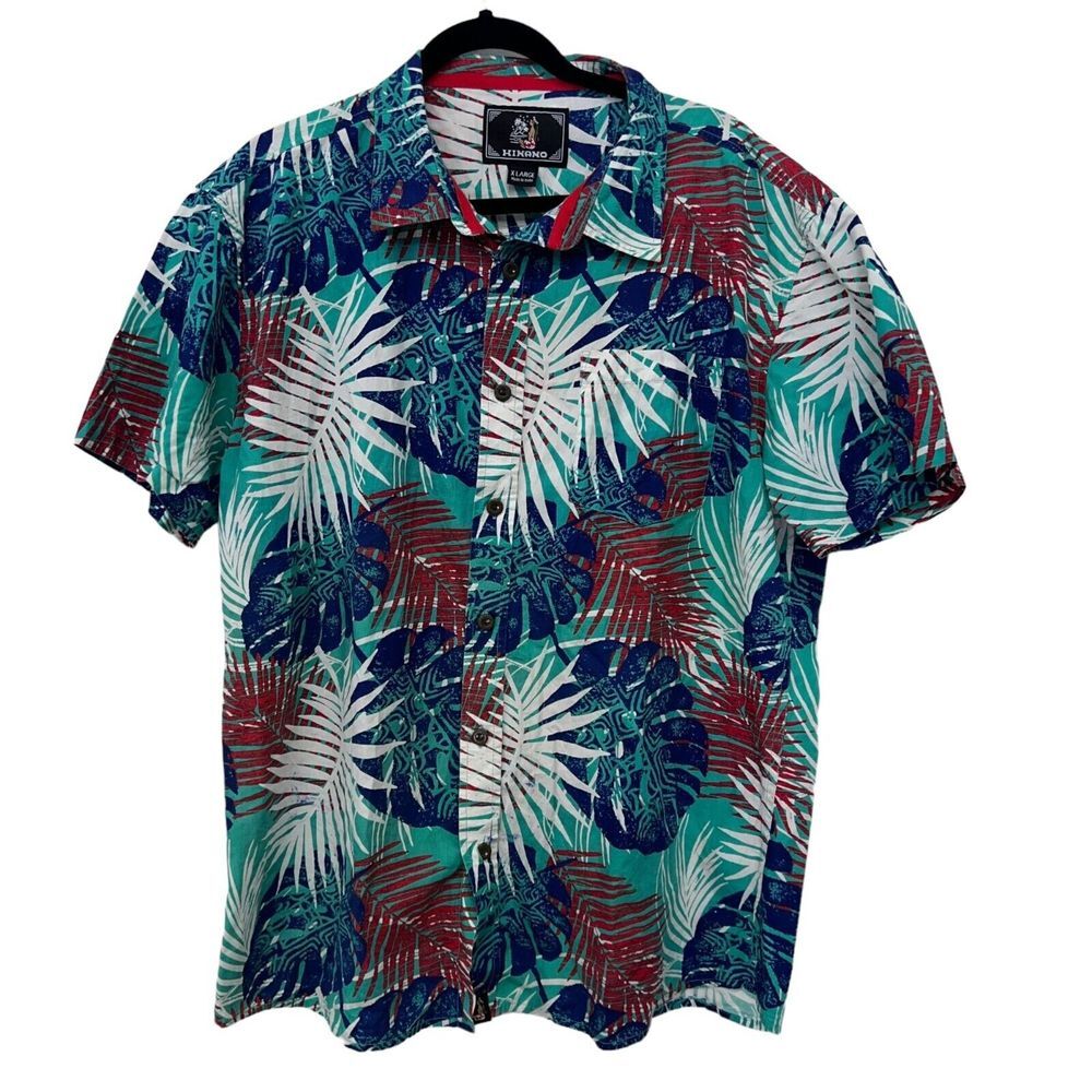 Hinano blue red palm print short sleeve button down aloha shirt see note Size: X